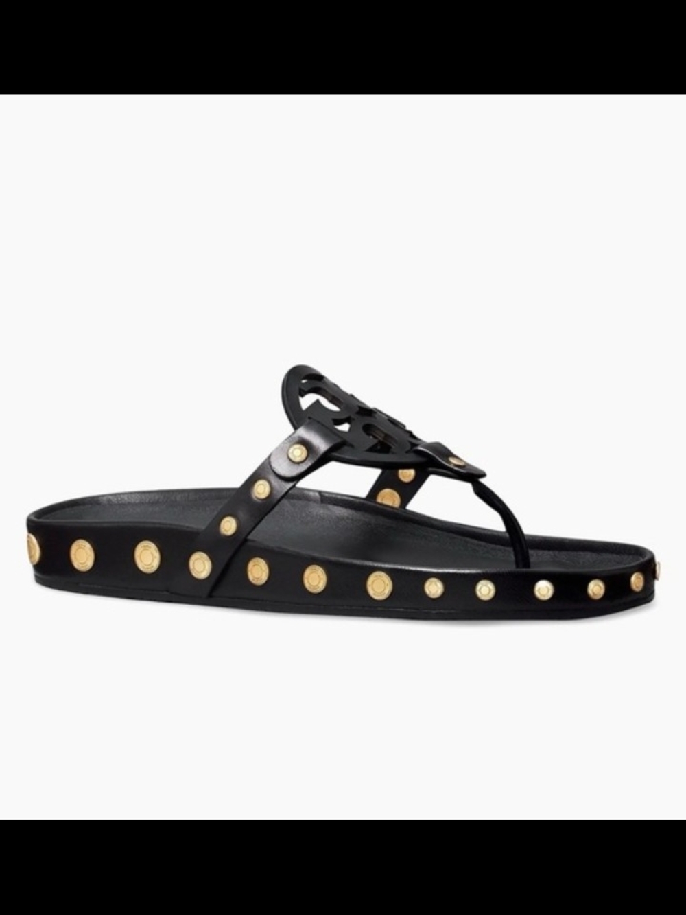 Tory Burch Black Thong Sandals with Gold Stud Detailing